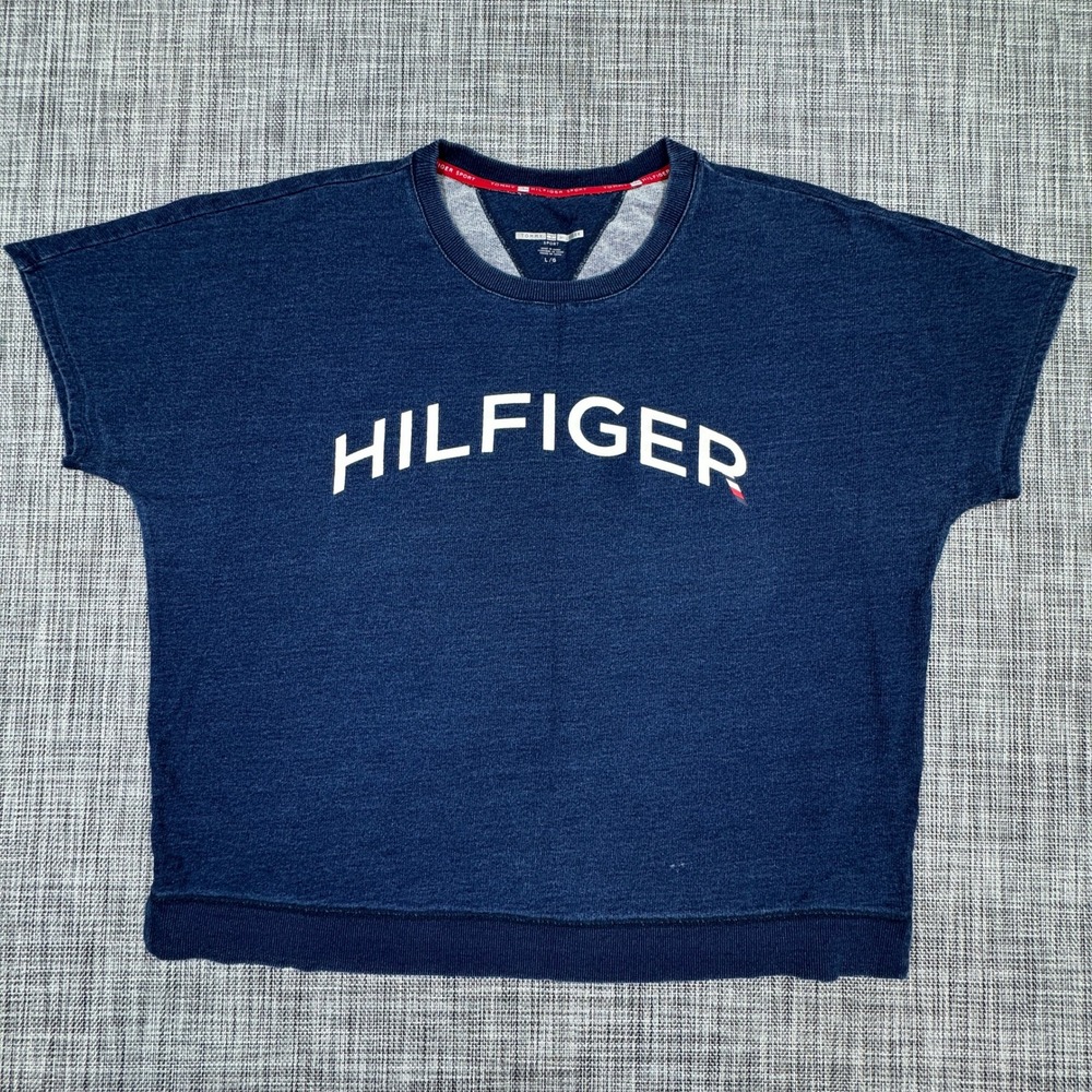 Tommy Hilfiger Womens Sport Sweatshirt Short Sleeve Arch Logo Navy Blue Sz Large